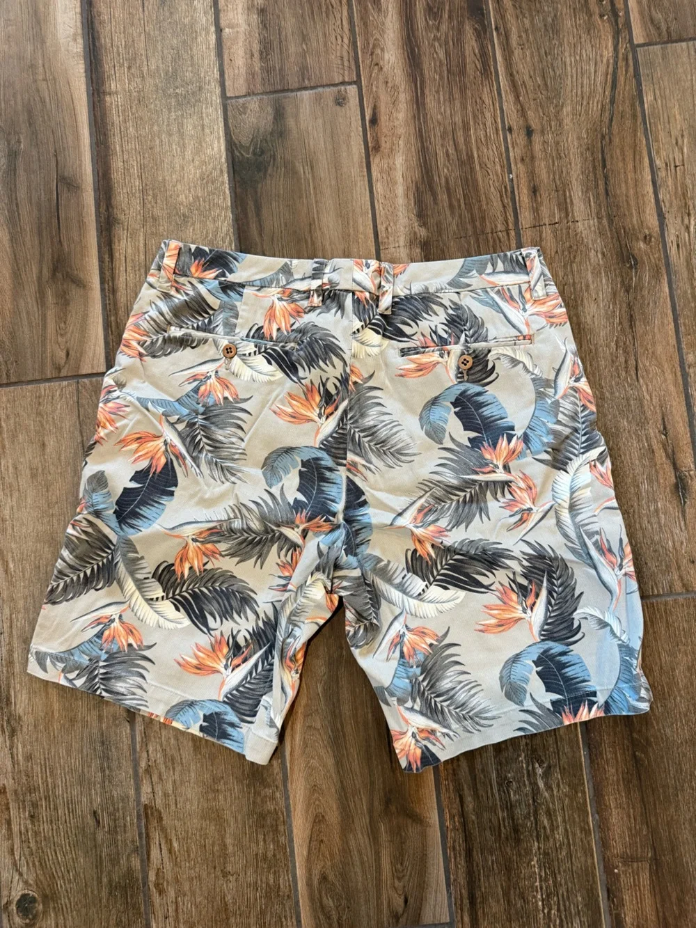 Tommy Bahama Beige Floral-Leaf Print Bermuda Shorts with Blue & Orange Accents